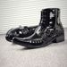 European Warm Series Pointed Toe Martin Men Patent Leather Punk Trend Rivet Korean Style Denim Ankle Lace-up Short Trendy Boots_vogvips.com