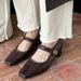 2025 Pleated Square Toe Thick Heeled Mary Jane Shoes, French One-piece Belt With Light Mouth Brown High Heels, Versatile_vogvips.com