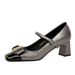 5298-K91 Wind Women's Shoes Versatile Middle Thick Heel Light Mouth Color blocked Metal Buckle Bow Strap Single Shoe_vogvips.com