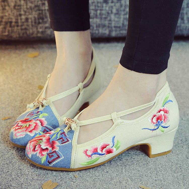 Excluding Shoe Box, Single Shoe, Small Square Middle Heel, Flat Buckle, Ladi' Style Dance Sho, Embroidered Cloth_vogvips.com
