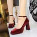High Heels Wedding Shoes Thick Heel Super High Heel Waterproof Table Satin One-word Belt Single Shoes_vogvips.com
