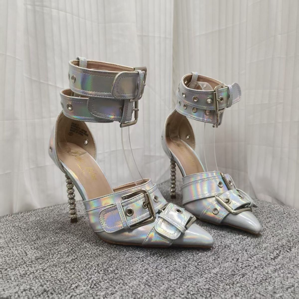 2025 New Model Silver Single Strap High Pumps European And American Style Pointed Stiletto Heel Closed Toe Plus Size_vogvips.com