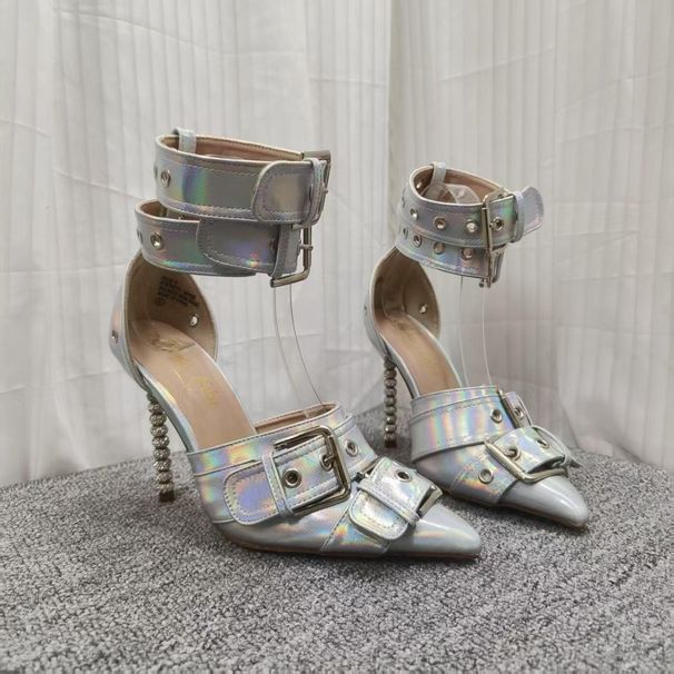 2025 New Model Silver Single Strap High Pumps European And American Style Pointed Stiletto Heel Closed Toe Plus Size_vogvips.com