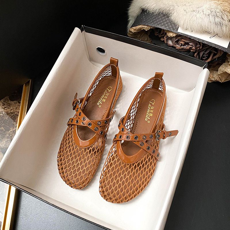 Summer New Style Women's Flat Soled Sandals Hollow out Fishnet Mesh Shoes Ballet Single Shoes_vogvips.com