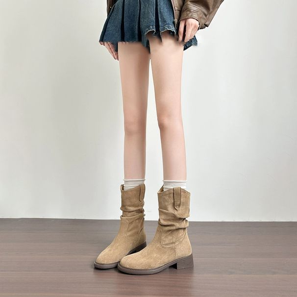 2025 New Khaki Martin Spring And Autumn Slouch Wrinkled Single Mid-Calf Western Cowboy Boots For Women_vogvips.com