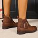 Women's Casual Low-Cut Ankle Boots With Side Zipper & Chunky Buckle - Soft Round Toe Slip-On Booties For Winter (Light Brown)_vogvips.com