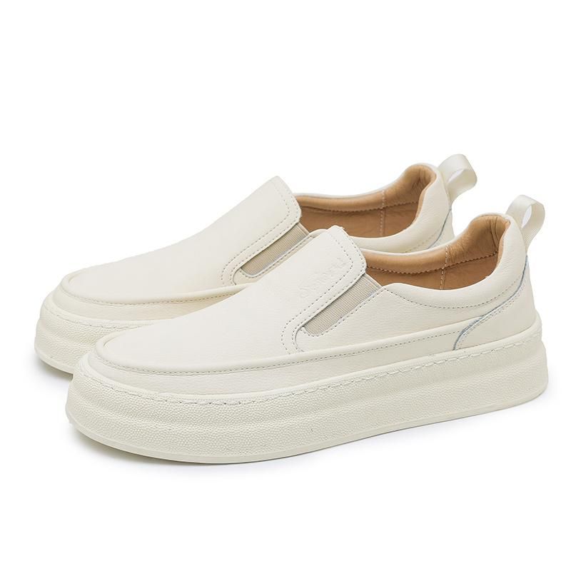 Fashion Youth Latest Trend Men Leather Casual Outdoor Shoes Platform Loafers Slip-on High Quality White Minimalist Thick Bottom Sneakers_vogvips.com