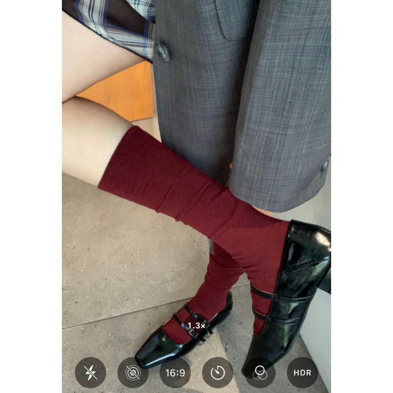 Ankola Red Socks Wine Red Mid Length Socks Women's Korean College Style Solid Color Pile Socks Calf Socks Pure Cotton_vogvips.com
