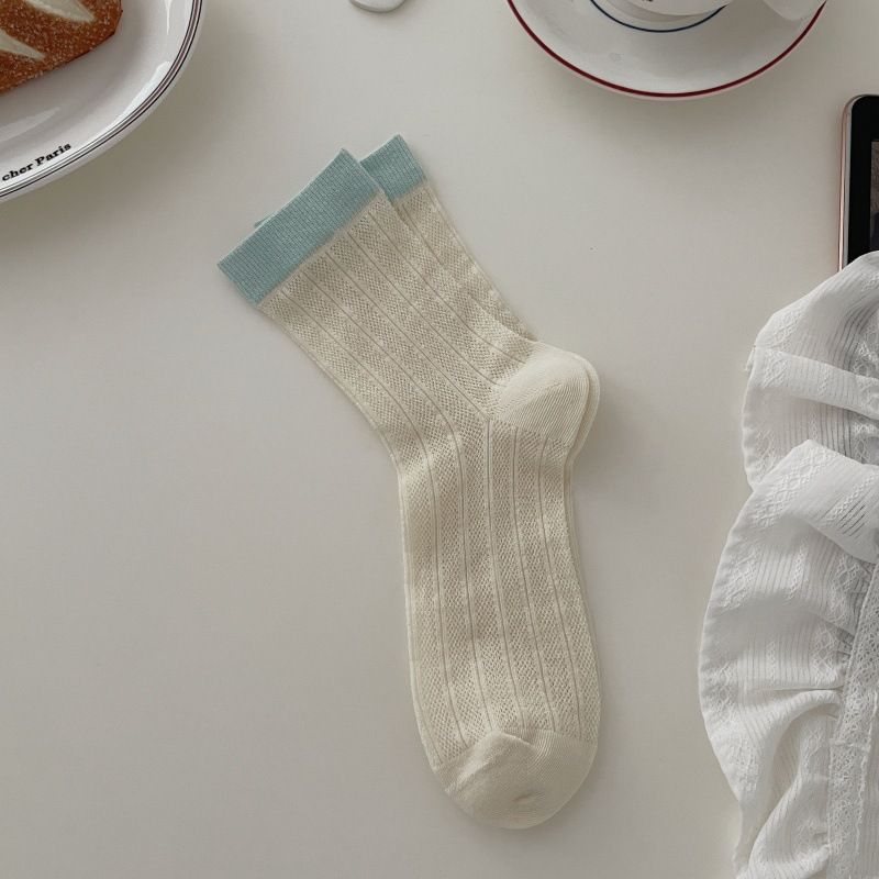 Boneless Socks Women's Korean Version Ins Color Matching Mid Tube Socks Spring And Summer Thin Hollow Tube Socks Pile Cotton Socks_vogvips.com