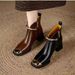 Women's Square Toe Metallic Pearl mid Heel Fashion Boots Autumn Retro Chunky Heel British Style Martin Boots_vogvips.com