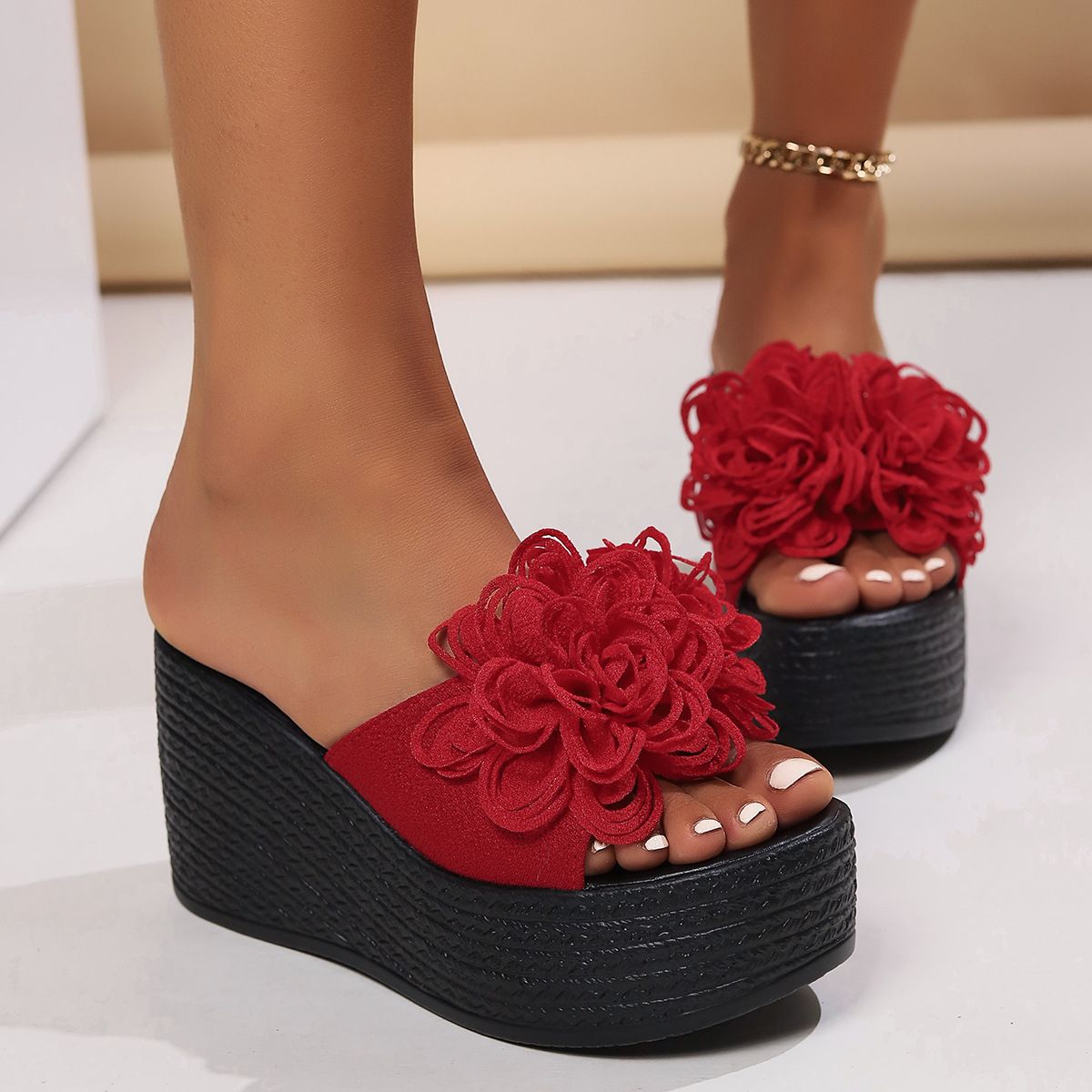 Women's High Heeled Roman Sandals Floral Strappy Platform Shoes Summer Beach Shoes_vogvips.com