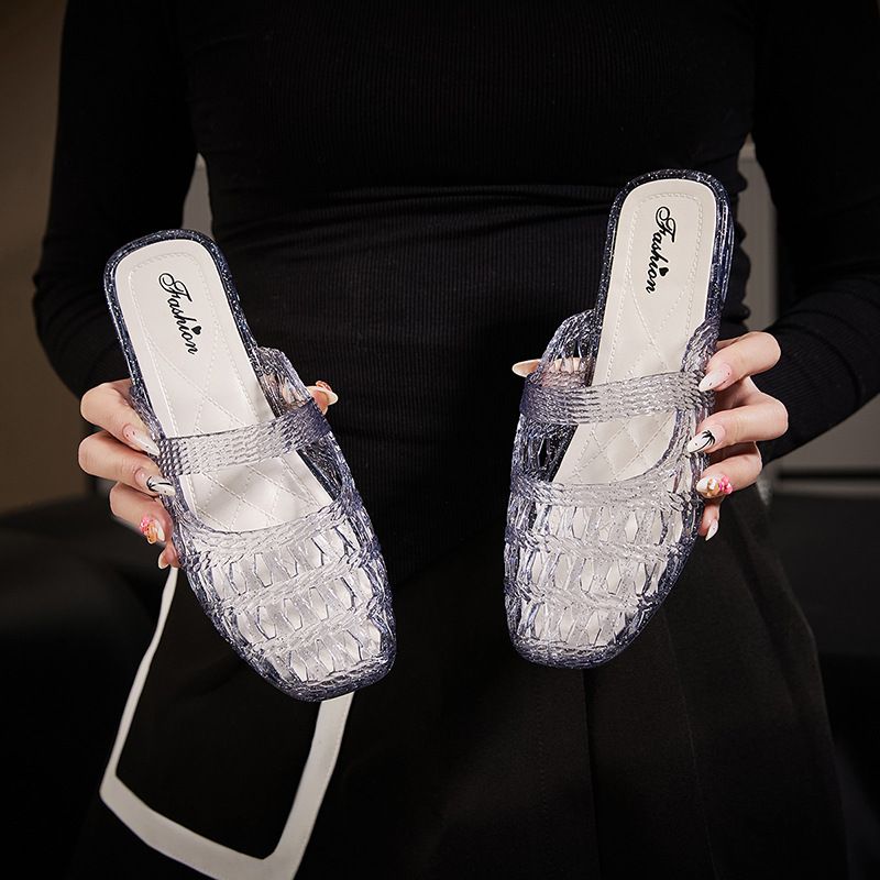 New Crystal Outdoor Sandals For Women, Summer Fashion, Chunky Heel, Height-increasing, Slip-on Half-slippers, Jelly_vogvips.com