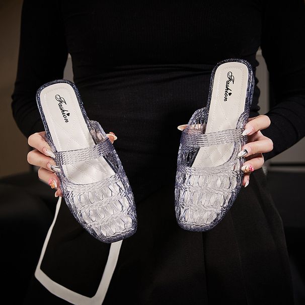 New Crystal Outdoor Sandals For Women, Summer Fashion, Chunky Heel, Height-increasing, Slip-on Half-slippers, Jelly_vogvips.com