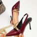 Burgundy Patent Leather Pointed-toe Slingback Women's Low-cut High-heeled Shoes With Gold Thin Strap Accessories And_vogvips.com