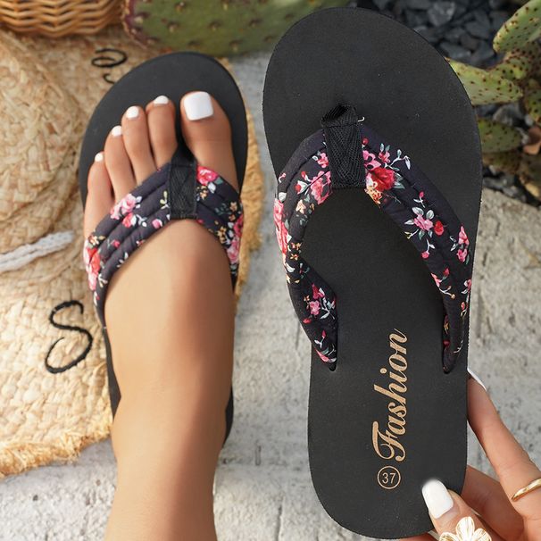 Plus-size European And American Style Women's Flip-flops For Outdoor Wear In Summer, High-end Casual Fashion Floral Print Flat Sandals_vogvips.com