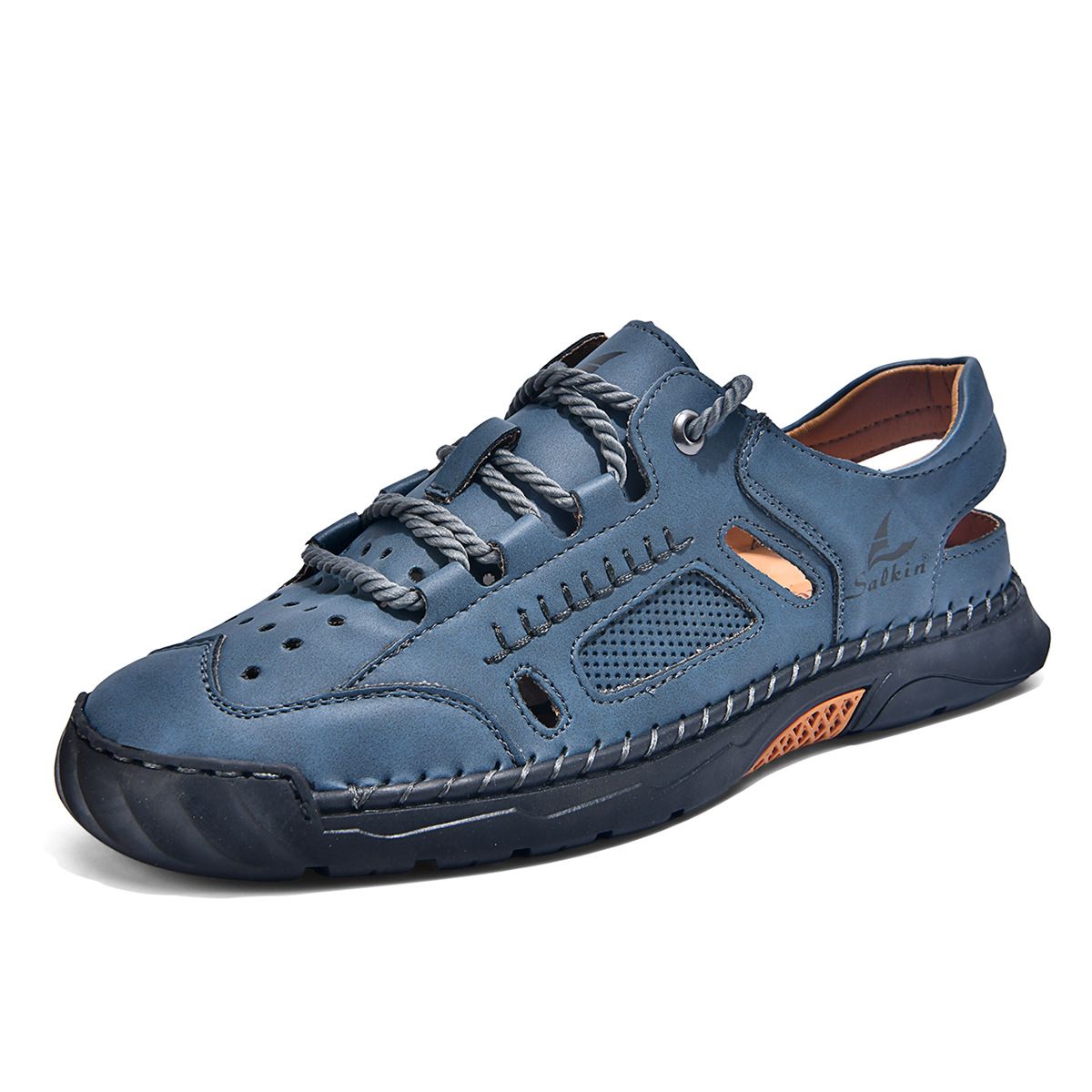 Summer Men's Hollow Breathable Thick-soled Hand-stitched Casual Closed-toe Sandals, Wear-resistant PU Outdoor Mesh_vogvips.com