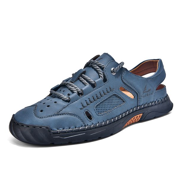 Summer Men's Hollow Breathable Thick-soled Hand-stitched Casual Closed-toe Sandals, Wear-resistant PU Outdoor Mesh_vogvips.com