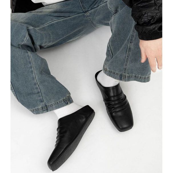 Elegant French-Inspired Square-Toe Mules – Effortless Slip-On Design With Subtle Wrinkles & Low Block Heel – Versatile Black PU Loafers For Women_vogvips.com