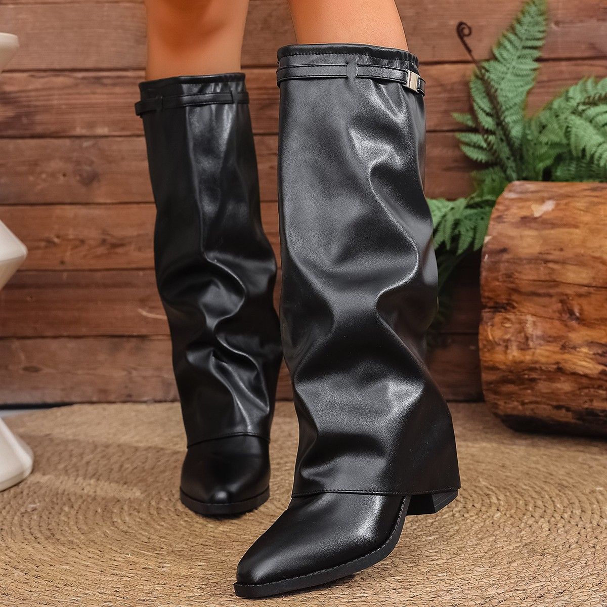 Women's Fashion Folding Knee-high Boots Winter Solid Color Non-slip Thick-soled Wide-leg PU Leather Fashion Boots Botas Mujer_vogvips.com