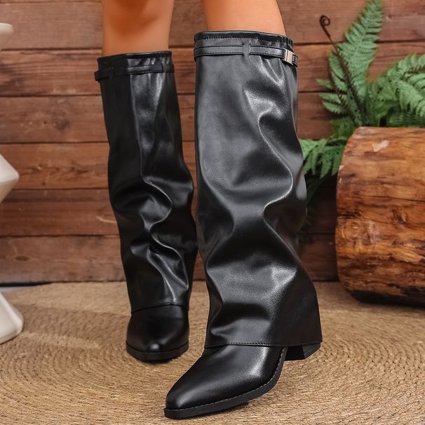 Women's Fashion Folding Knee-high Boots Winter Solid Color Non-slip Thick-soled Wide-leg PU Leather Fashion Boots Botas Mujer_vogvips.com