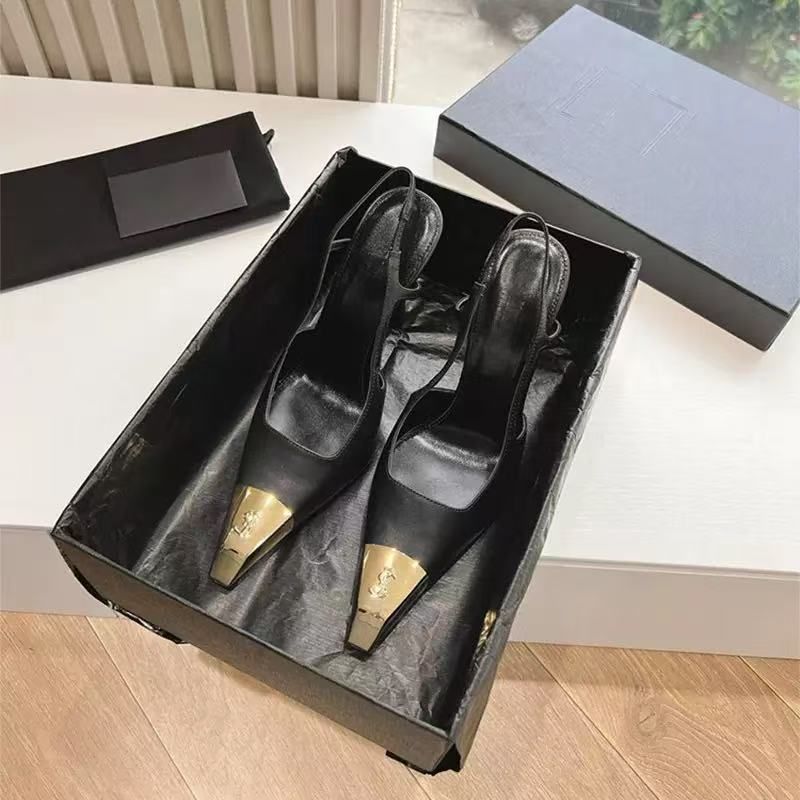 New Metal Square Sexy Backless Sandals Black New Patent Leather Single Shoes Side Open Iron Toe High Heels_vogvips.com