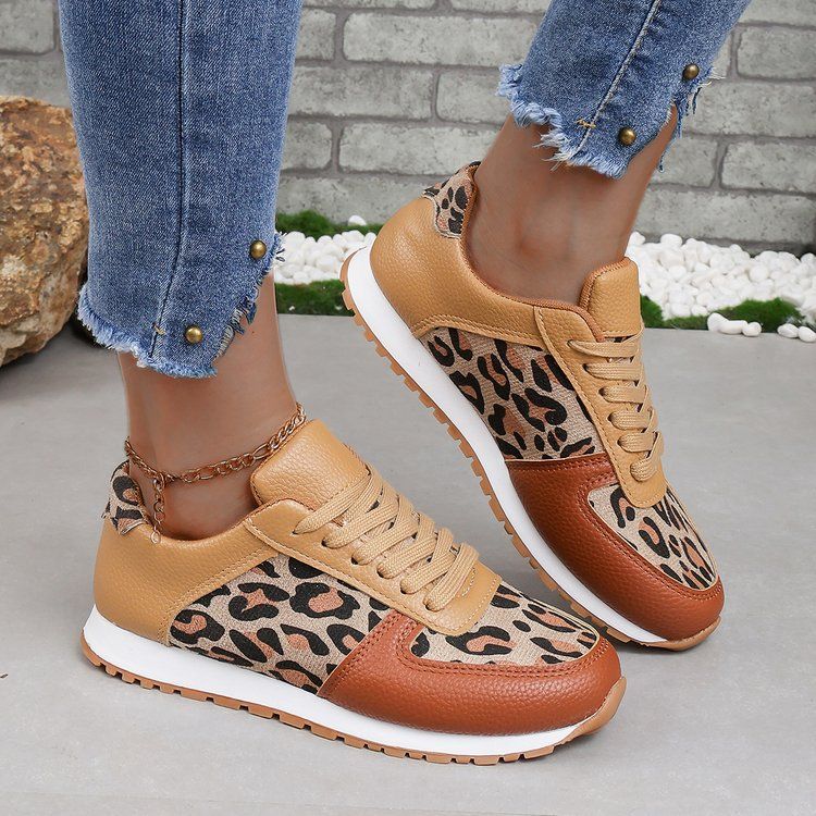 Women's New Thick Soled Leopard Print Lace Up Casual Sports Shoes Women's Large Size Low Top Single Shoes Running Shoes_vogvips.com