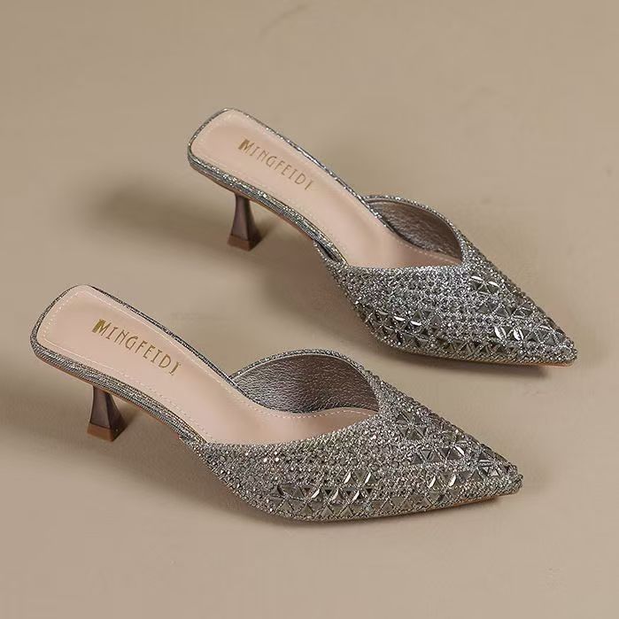 Summer New Petite Women's Rhinestone Mid Heel Slippers Closed Toe With Stiletto Heels Pointed Toes Fashionable Half Slippers_vogvips.com