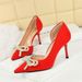 8237-H77 Pointed Fine Side Hollow Water Diamond Pearl Bow Velvet High Heels Single Women's Shoes_vogvips.com