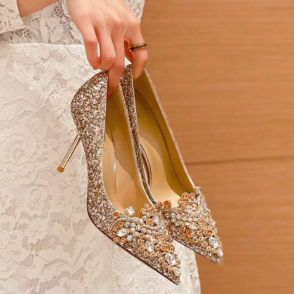 Women's Wedding Shoes Champagne Gold Pointed Toe High Heels Rhinestone Bridal Shoes For Bride Comfortable Elegant Princess Style Women's Single Shoes._vogvips.com