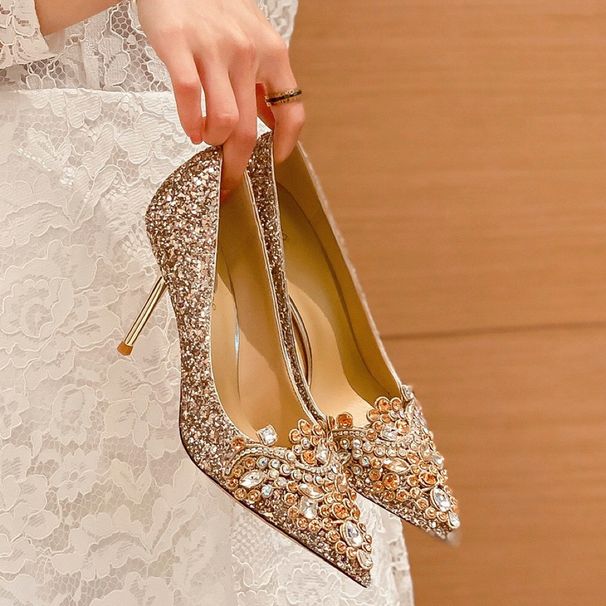 Women's Wedding Shoes Champagne Gold Pointed Toe High Heels Rhinestone Bridal Shoes For Bride Comfortable Elegant Princess Style Women's Single Shoes._vogvips.com