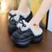 PU Leather Cotton Slippers Women, Thick Sole, Non-Slip, Indoor Waterproof, Bowknot, 2025 Winter New Style, Fleece-Lined,_vogvips.com