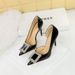 638-K63 Banquet High Thin Heels, Lacquer Leather, Shallow Mouth, Pointed Side Hollow Square Metal Buckle, Water Diamond_vogvips.com