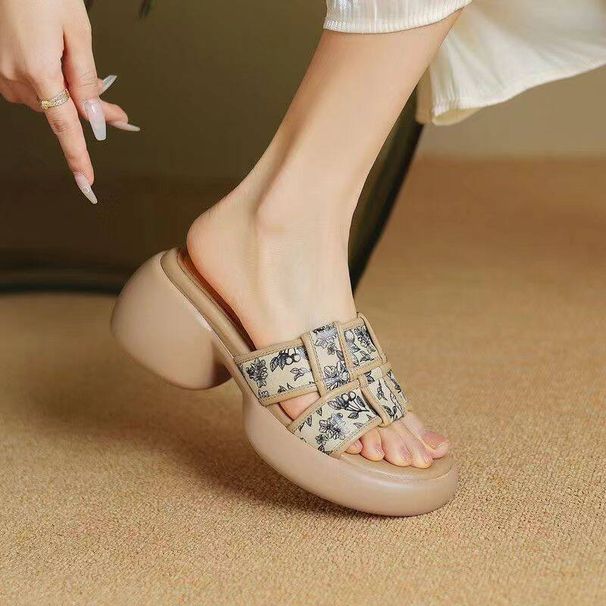 Fashionable Thick-soled Embroidered Slippers, Retro Apricot And Black Open-toe Sandals, 2026 Soft Leather Platform_vogvips.com