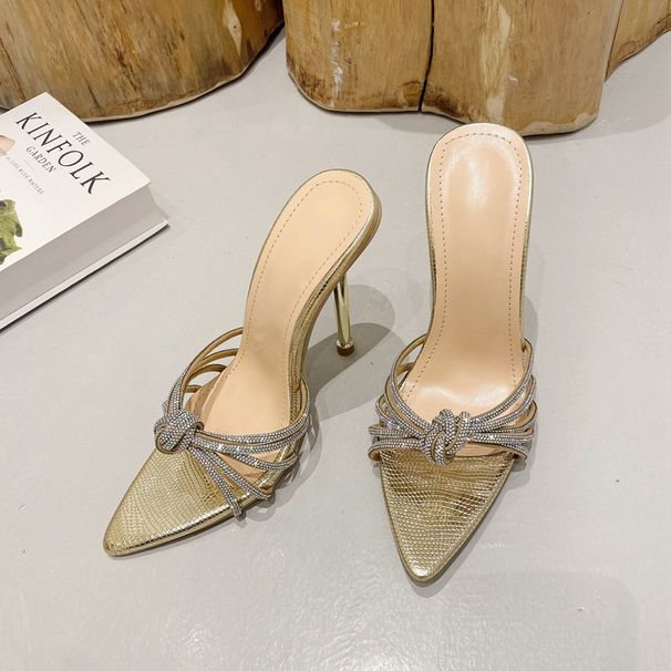 Women's Light Luxury Rhinestone Strappy Pointed Toe High Heel Mule Sandals - Elegant Open Toe Summer Shoes With PU Insole Stiletto Heels And Mules_vogvips.com