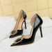 638-K33 Style High Heels With Thin Heels, Shallow Mouth, Pointed Toe, Patent Leather, Side Hollow Metal Circular_vogvips.com