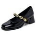 Vintage Mary Jane Chunky Heel Shoes With Shell Buckle - Square Toe Platform Sandals For Women (Silver/Black)_vogvips.com