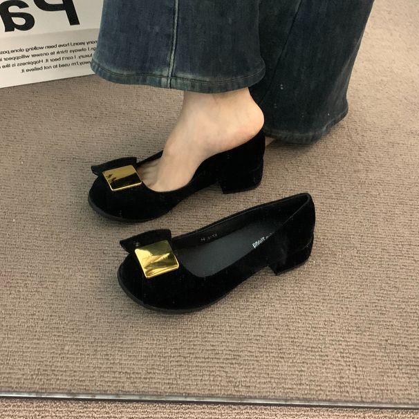 French Red Thick Heel Small Fragrant Single Shoes Women's Shoes Spring And Autumn Suede Temperament Bow Evening Shoes_vogvips.com