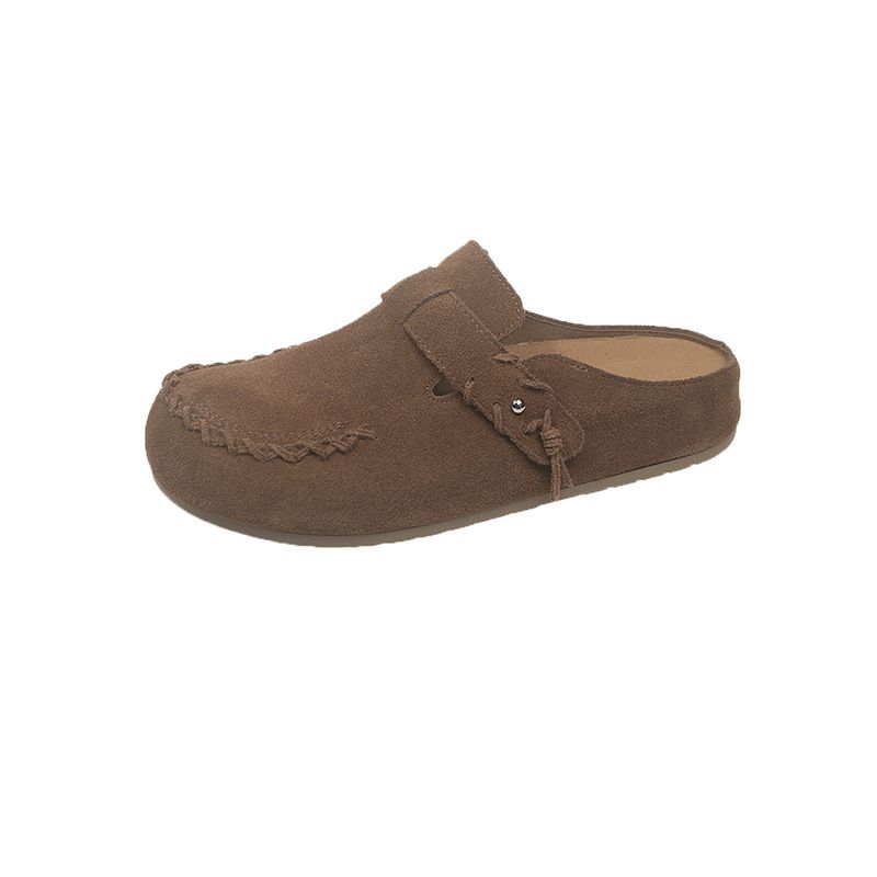 Women's Genuine Leather Birkenstock-Style Sandals - Slip-On Round-Toe Slide Sandals With Thick Rubber Sole, Comfortable Open-Back House Shoes_vogvips.com