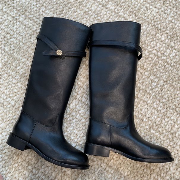 Cowhide Version Retro Small Gold Buckle Leather Platform Boots Women's Belt Buckle Thick Heel Knight Boots Tall Boots Long Boots_vogvips.com