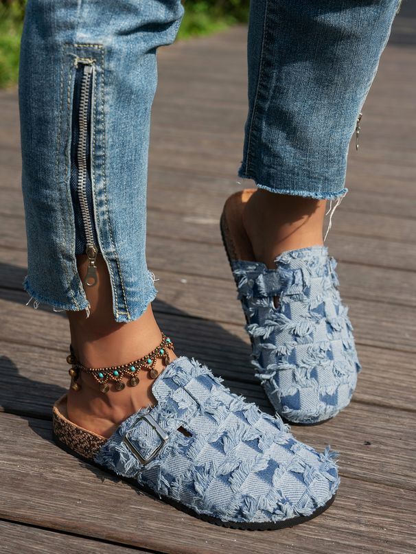 Women's Mules New Spring Vintage Slip-On Casual Loafers With Denim Upper, Cork Texture, Closed-Toe Half-Slippers, Flat Slippers With Adjustable Buckle_vogvips.com