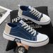 Men’s Beige Low-Top Canvas Sneakers, Lace-Up, White Thick Sole, Casual Street Walking Shoes_vogvips.com
