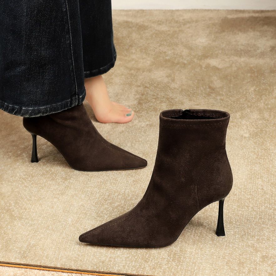 Elegant Korean-Style Fashion Boots For Women - Pointed Toe, Stiletto Heel, Side Zipper, Slim Fit Suede Boots With High Heel (8cm+)_vogvips.com