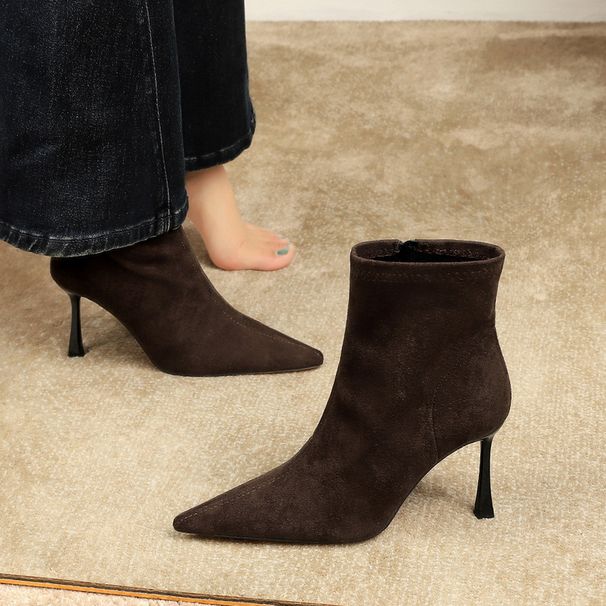 Elegant Korean-Style Fashion Boots For Women - Pointed Toe, Stiletto Heel, Side Zipper, Slim Fit Suede Boots With High Heel (8cm+)_vogvips.com