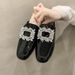 Women’s Shoes Closed Toe Half Slippersheel Flat Single-layer Shoes Square Buckle Rhinestone Internet Celebrity All-match Outdoor L_vogvips.com