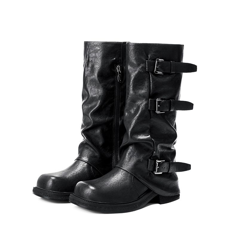 Internet Celebrity Belt Buckle Mid-Calf Pile For Women Spring And Autumn New Western Long Cowboy With Pants Tube Martin_vogvips.com