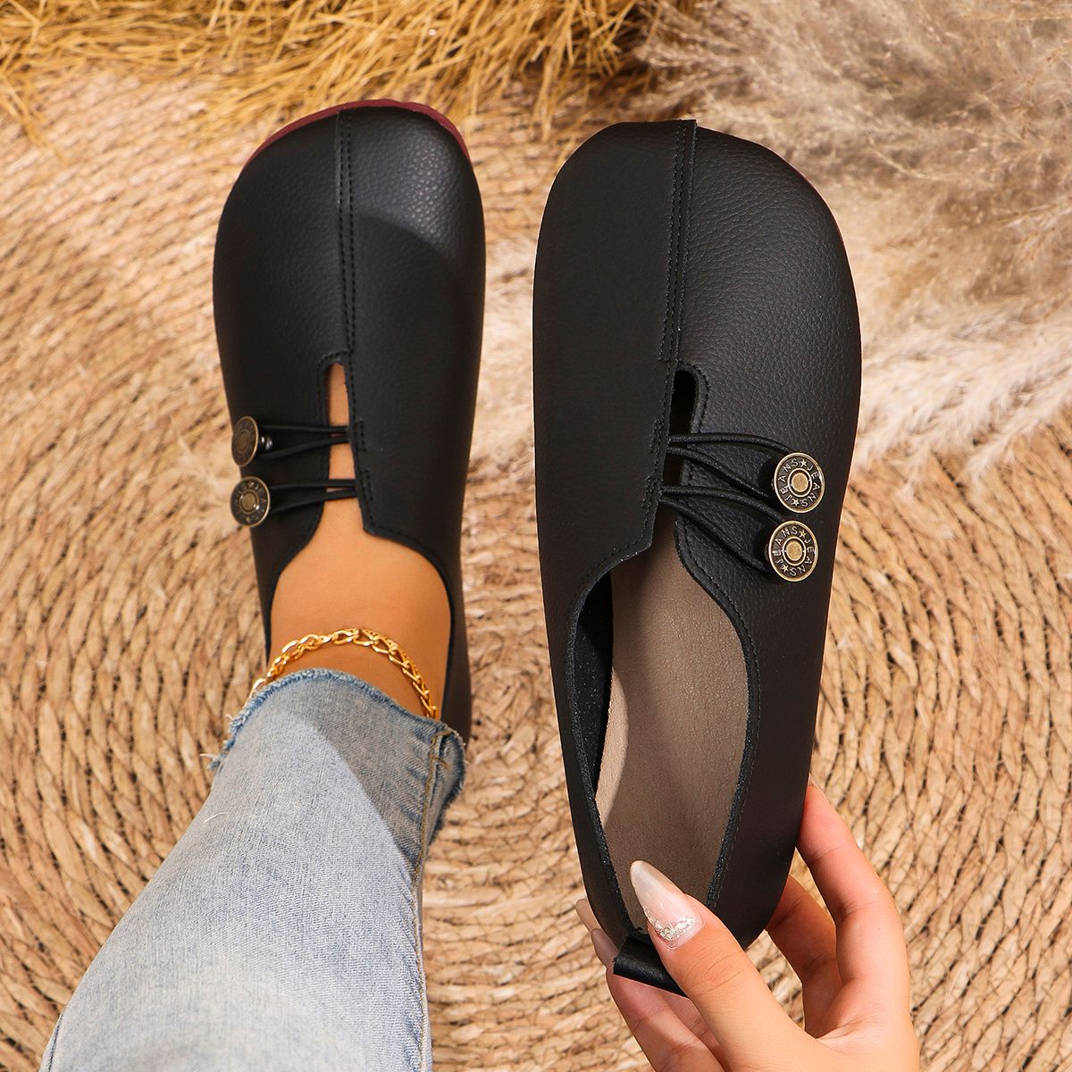 Women's Slip-On Soft Leather Loafers, Elastic Strap With Metal Buttons, Casual Flat Shoes For All Seasons_vogvips.com