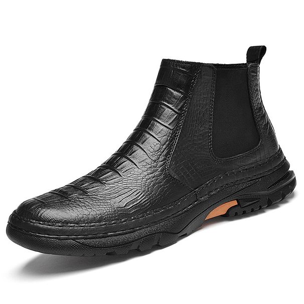 Men's Shoes Casual Single Shoes Leather Boots Outdoor Casual Short Boots High-top Pullover Crocodile Pattern_vogvips.com