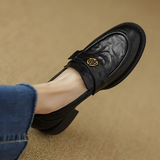 Leather Soft-soled Thick-heeled Loafers Women's Flat-heeled Single Shoes Small Leather Shoes_vogvips.com