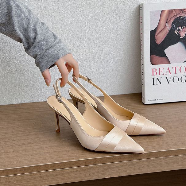 Baotou Thin Heel Sandals Women's Pointed Head French Temperament Satin Apricot One-word Buckle With Versatile Sandals Women_vogvips.com