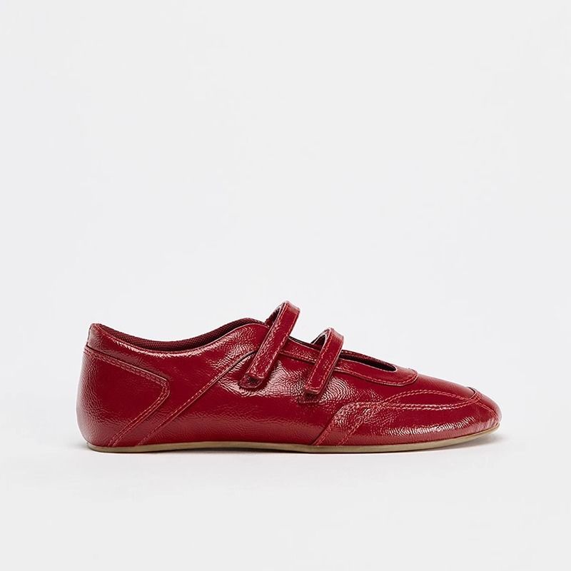 Cowhide Edition~Red French Mary Jane Women's Velcro Ballet Single Flat Casual Training Shoes_vogvips.com